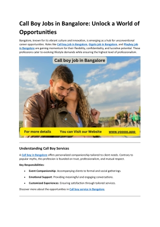 Call Boy Jobs in Bangalore- Unlock a World of Opportunities