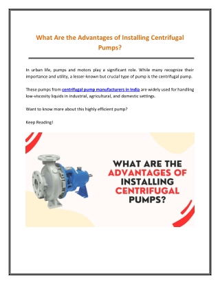 What Are the Advantages of Installing Centrifugal Pumps?