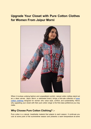 Upgrade Your Closet with Pure Cotton Clothes for Women From Jaipur Morni