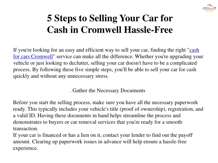 5 steps to selling your car for cash in cromwell