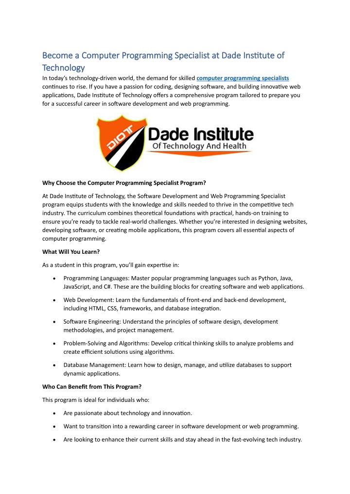 become a computer programming specialist at dade