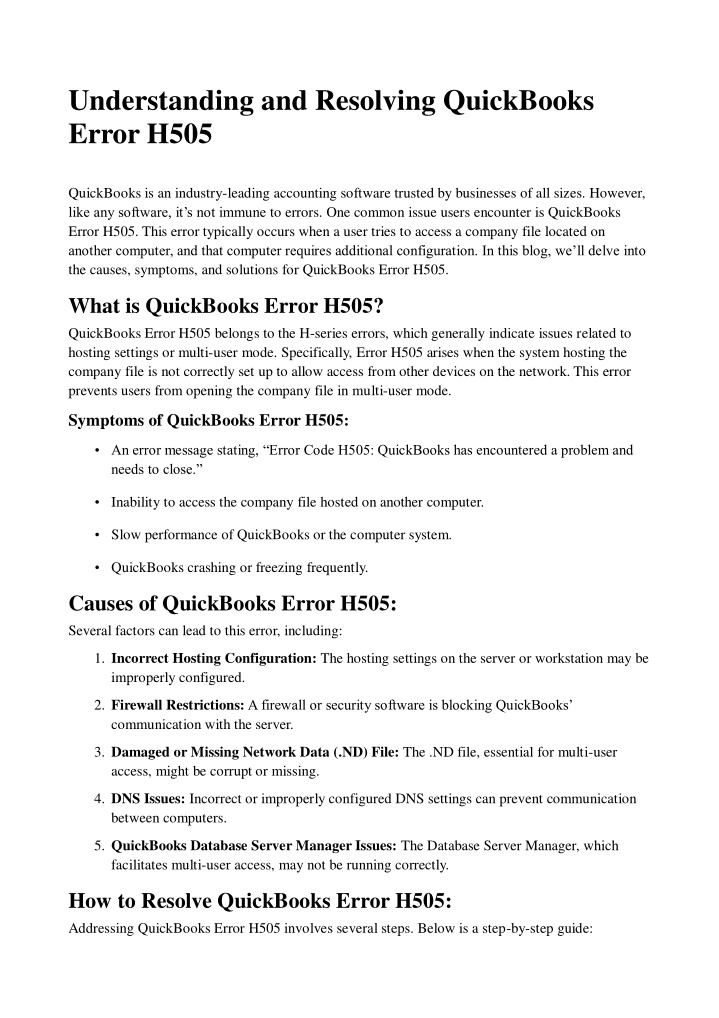 understanding and resolving quickbooks error h505