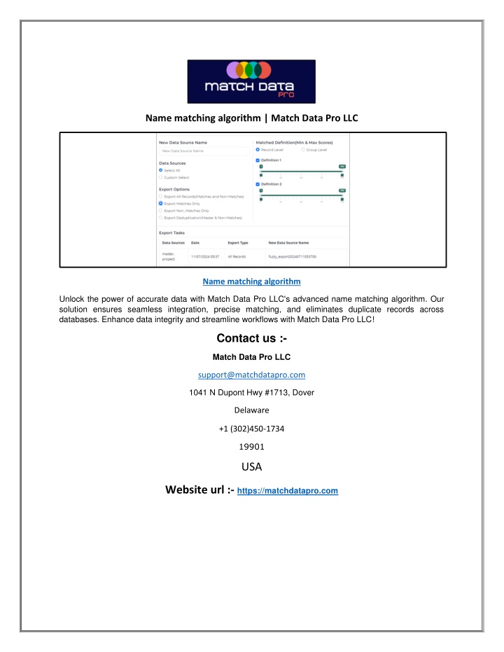 name matching algorithm match data pro llc