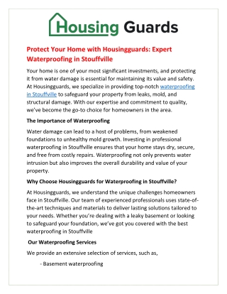 Protect Your Home with Housingguards: Expert Waterproofing in Stouffville