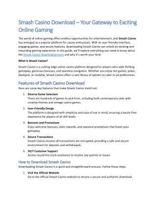 Smash Casino Download – Your Gateway to Exciting  Online Gaming