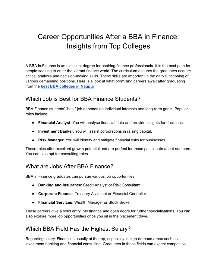 career opportunities after a bba in finance