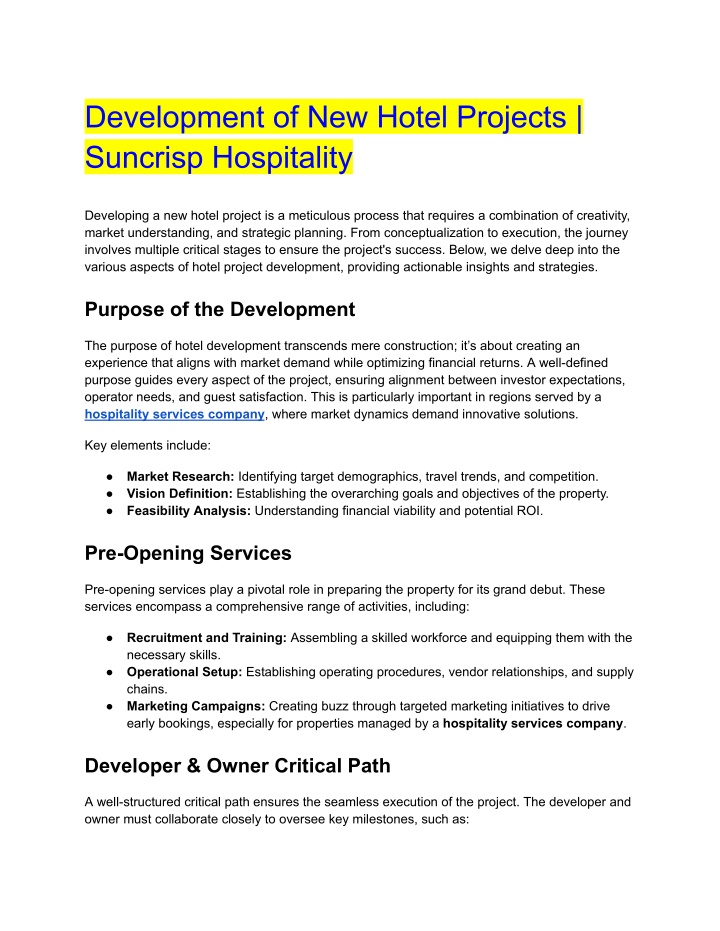 development of new hotel projects suncrisp