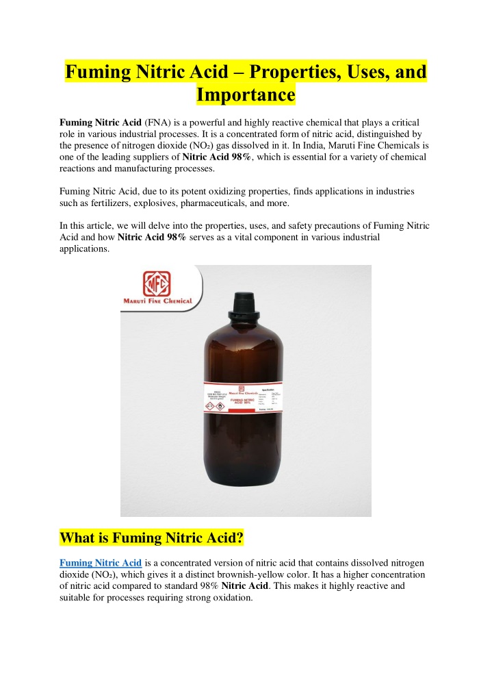 fuming nitric acid properties uses and importance