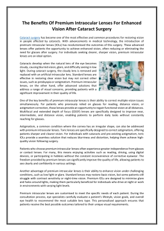The Benefits Of Premium Intraocular Lenses For Enhanced Vision After Cataract Surgery