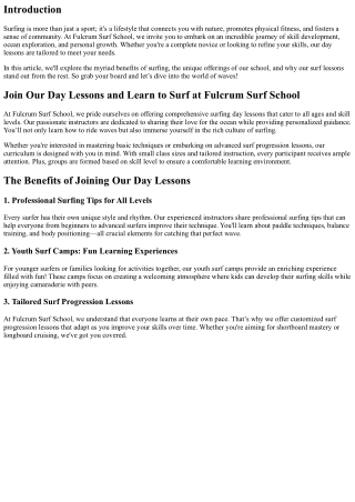 Join Our Day Lessons and Learn to Surf at Fulcrum Surf School