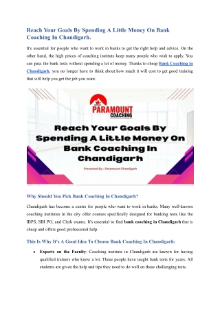 Reach Your Goals By Spending A Little Money On Bank Coaching In Chandigarh