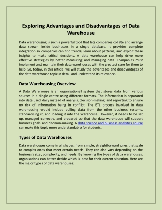 Exploring Advantages and Disadvantages of Data Warehouse