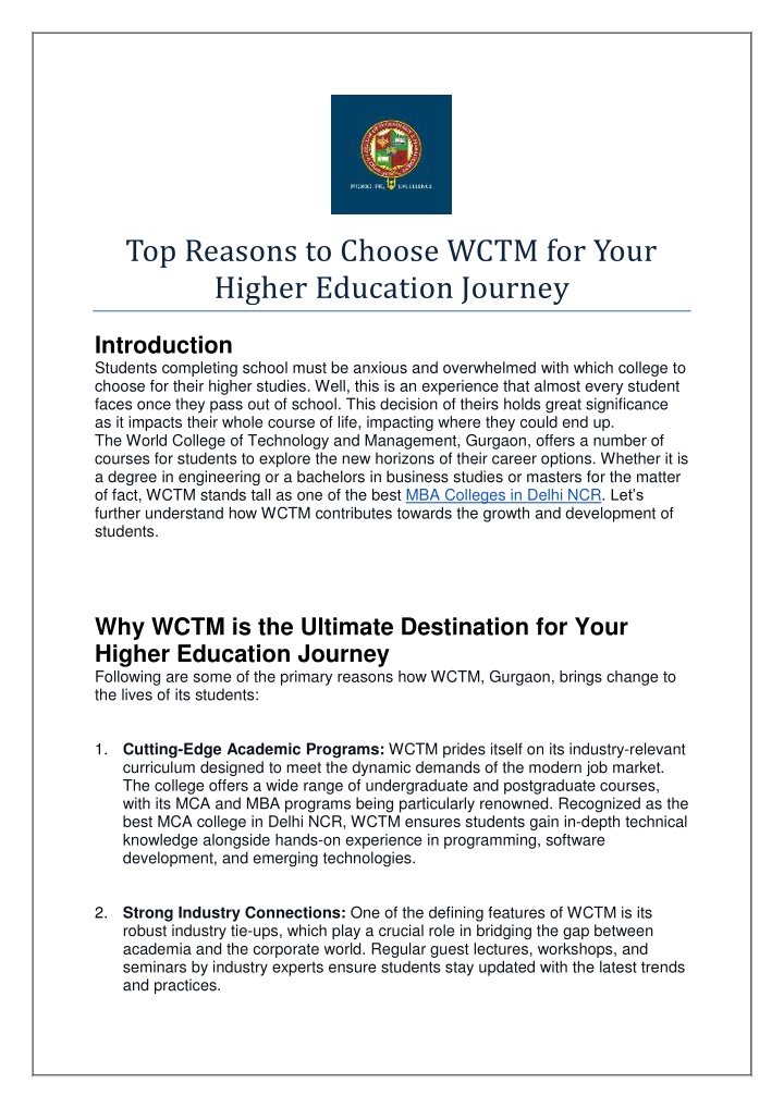 top reasons to choose wctm for your higher