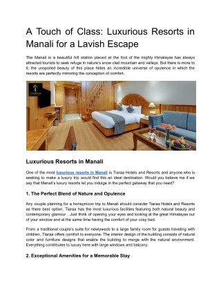 A Touch of Class Luxurious Resorts in Manali for a Lavish Escape