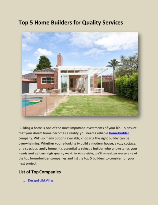 Top 5 Home Builders for Quality Services