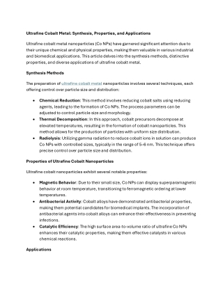 Ultrafine Cobalt Metal- Synthesis, Properties, and Applications