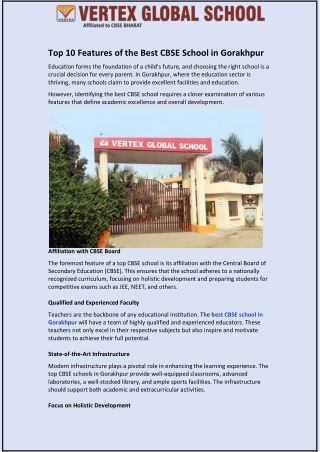 Top 10 Features of the Best CBSE School in Gorakhpur