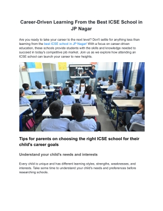 Career-Driven Learning From the Best ICSE School in JP Nagar