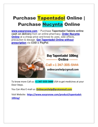 Purchase Tapentadol Online and Purchase Nucynta Online