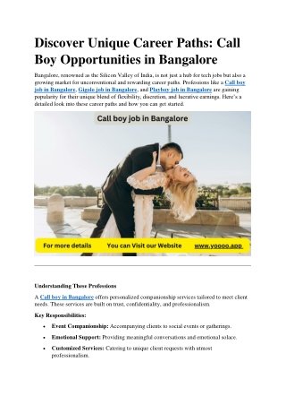 Discover Unique Career Paths- Call Boy Opportunities in Bangalore.