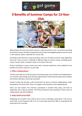 9 Benefits of Summer Camps for 13-Year-Olds