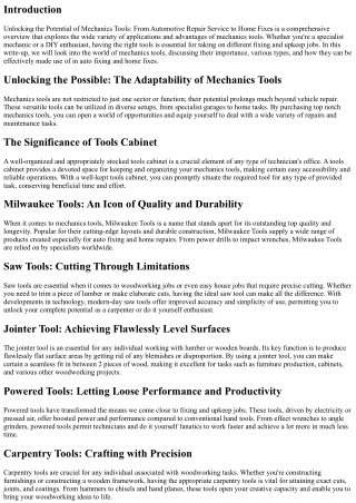 Opening the Prospective of Mechanics Tools: From Automotive Repair Service to Ho