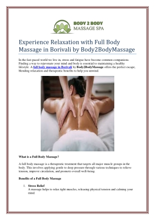 Experience Relaxation with Full Body Massage in Borivali by Body2BodyMassage