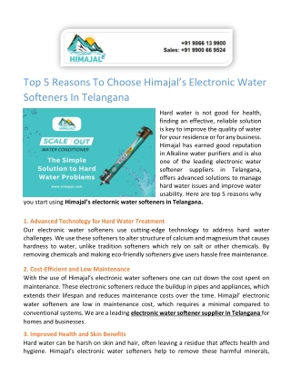 Top 5 Reasons to Choose Himajal’s Electronic Water Softeners in Telangana