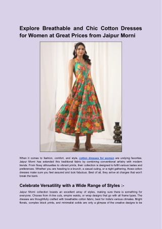 Explore Breathable and Chic Cotton Dresses for Women at Great Prices from Jaipur Morni