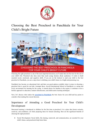 Choosing the Best Preschool in Panchkula for Your Child’s Bright Future