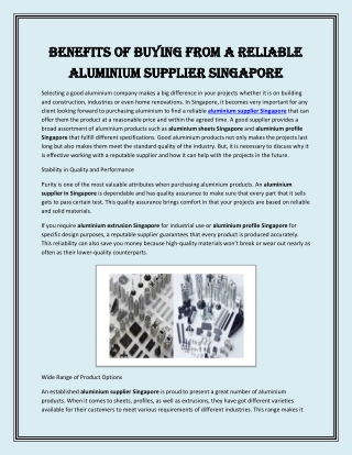 Benefits of Buying from a Reliable Aluminium Supplier Singapore