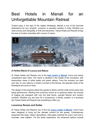 Best Hotels in Manali for an Unforgettable Mountain Retreat