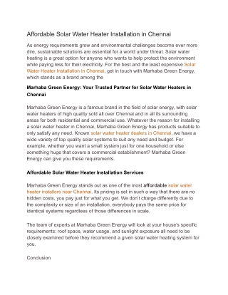 Affordable Solar Water Heater Installation in Chennai