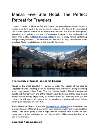 Manali Five Star Hotel: The Perfect Retreat for Travelers