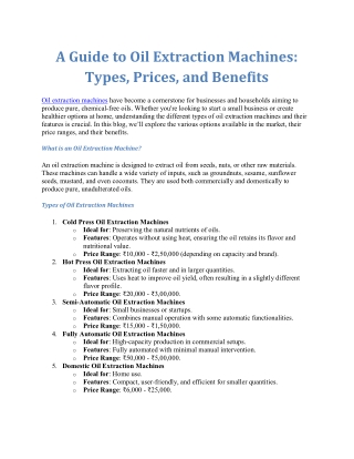 A Guide to Oil Extraction Machines:  Types, Prices, and Benefits