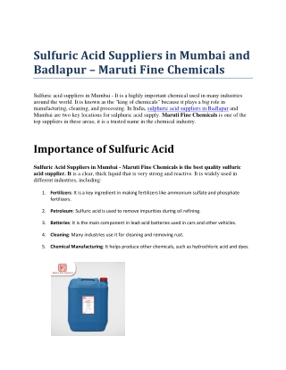 Sulfuric Acid Suppliers in Mumbai and Badlapur - Maruti Fine Chemicals