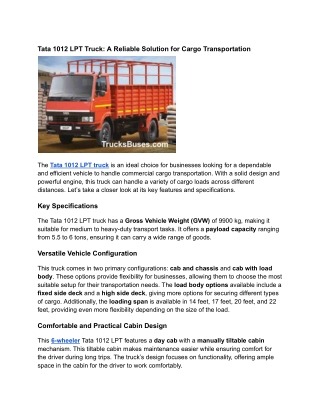 Tata 1012 LPT Truck: A Reliable Solution for Cargo Transportation