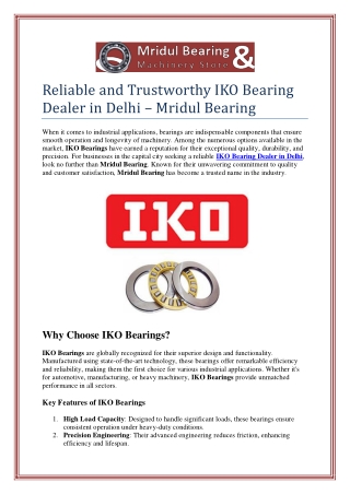 Reliable and Trustworthy IKO Bearing Dealer in Delhi – Mridul Bearing