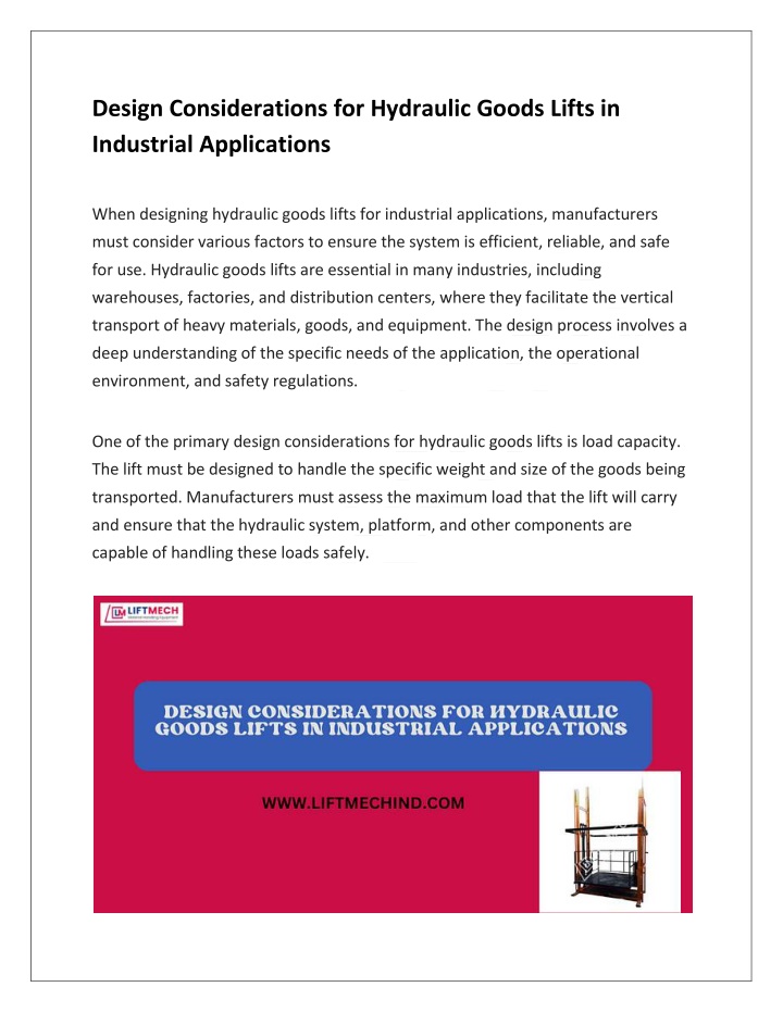 design considerations for hydraulic goods lifts