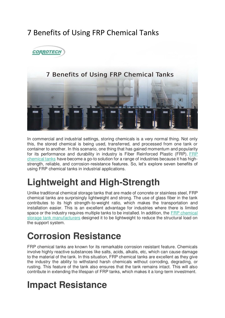 7 benefits of using frp chemical tanks