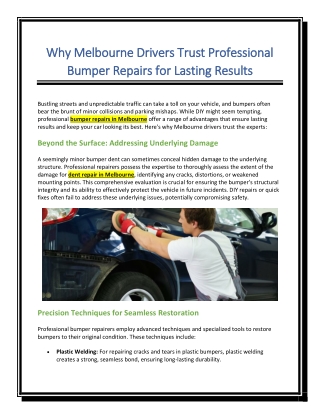 Why Melbourne Drivers Trust Professional Bumper Repairs for Lasting Results