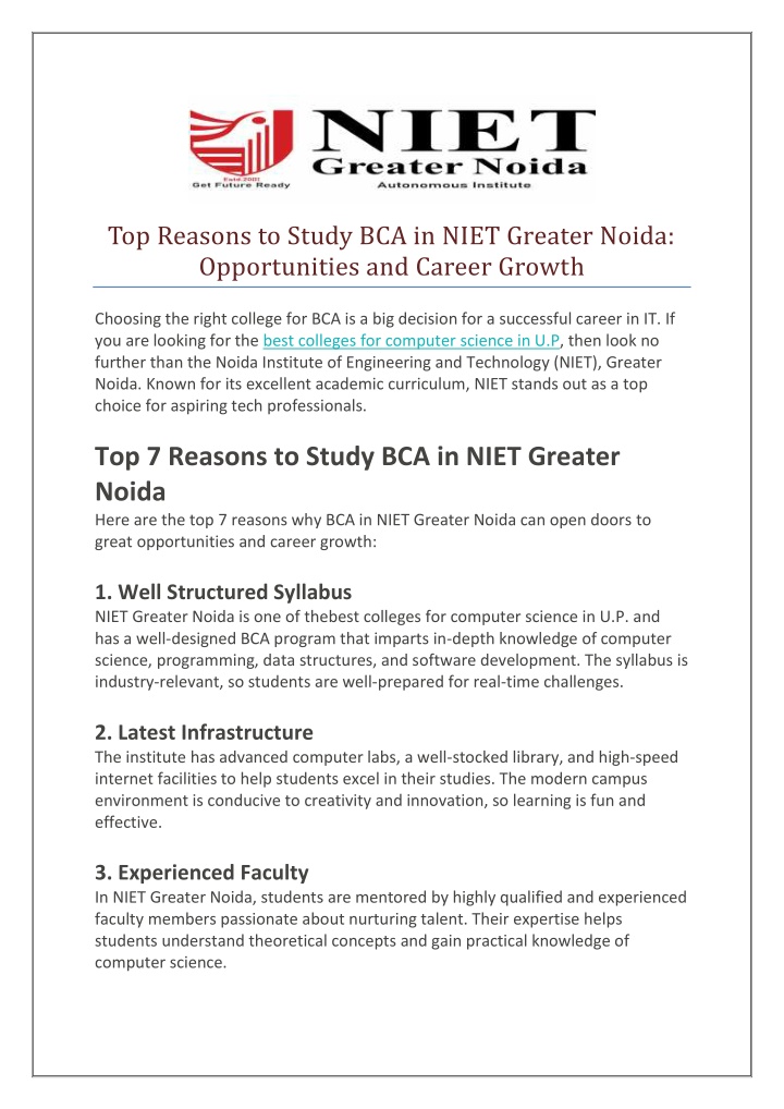 top reasons to study bca in niet greater noida