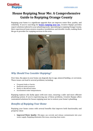 House Repiping Near Me: A Comprehensive Guide to Repiping Orange County