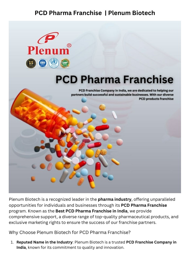 pcd pharma franchise plenum biotech