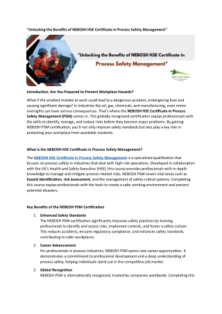 Unlocking the Benefits of NEBOSH HSE Certificate in Process Safety Management