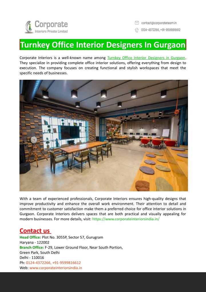 turnkey office interior designers in gurgaon