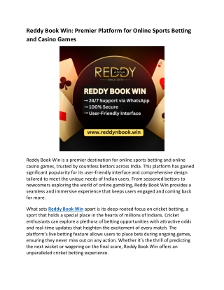 Reddy Book Win Premier Platform for Online Sports Betting and Casino Games