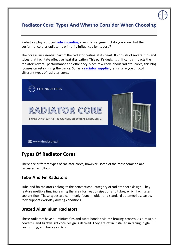 radiator core types and what to consider when