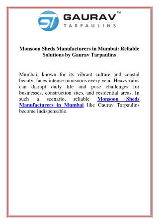 Monsoon Sheds Manufacturers in Mumbai Reliable Solutions by Gaurav Tarpaulins