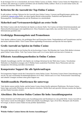 Die 10 meistgeschätzten Online Casinos mit attraktiven Auszahlungsquoten